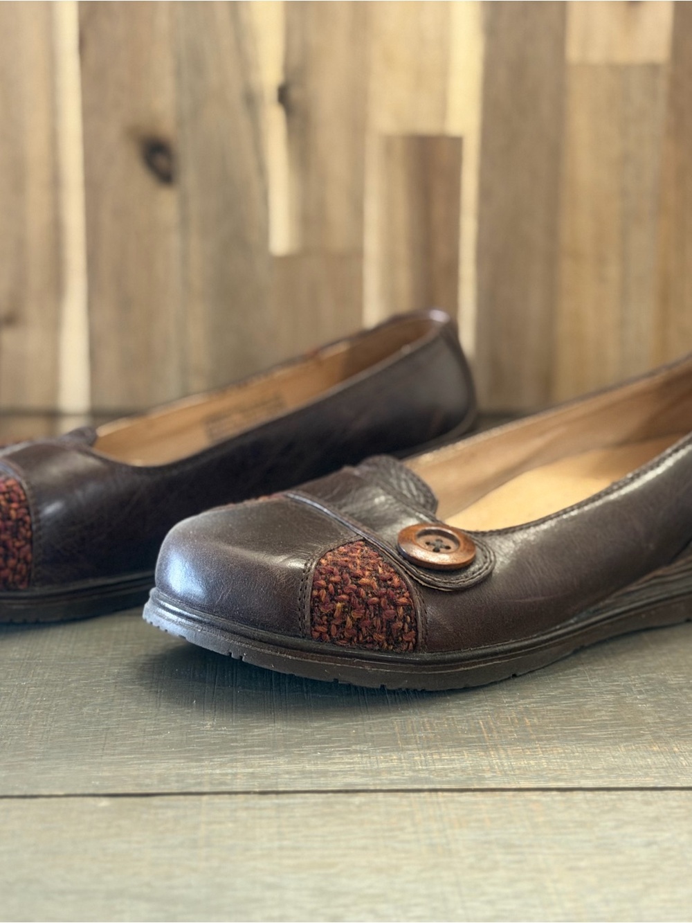 Dansko Brown Leather Slip-On Flats with Textured Toe and Button